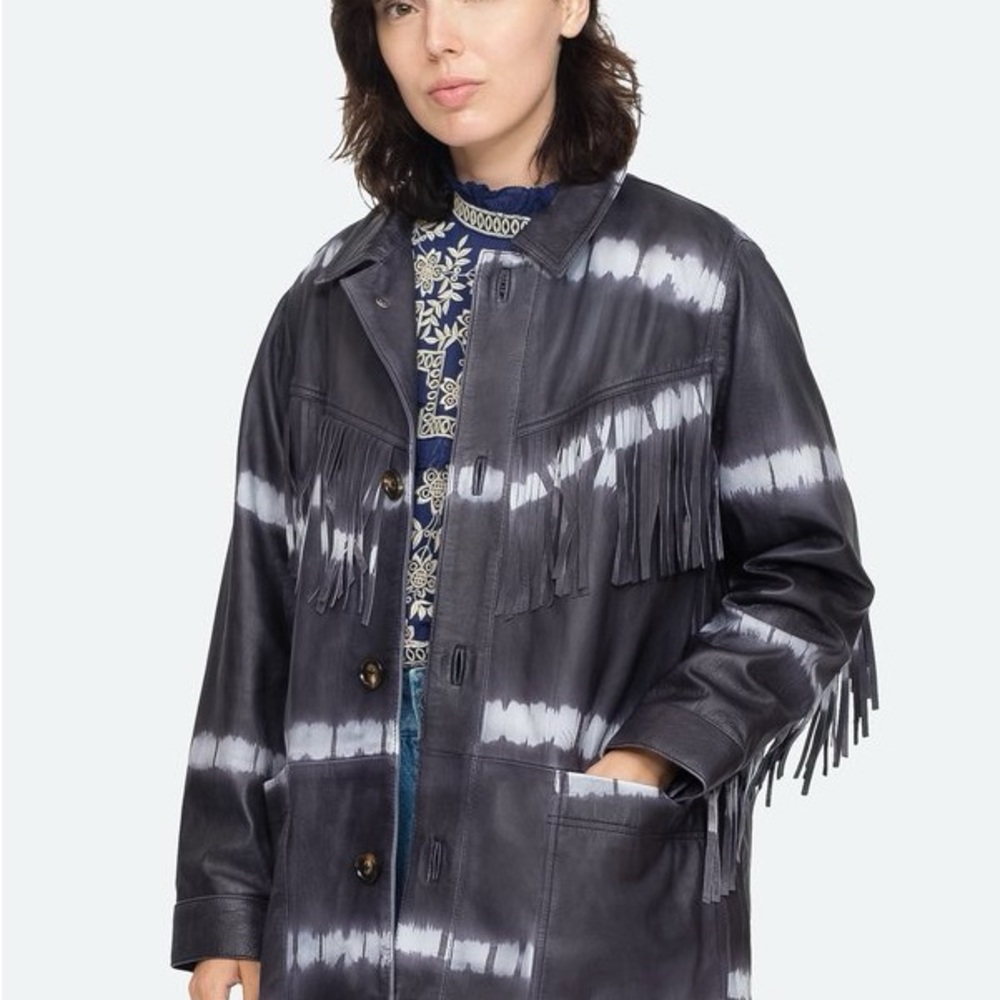 Sea New York **RARE** Zelda 100% Leather Fringe Jacket Tie Dye - Picture 3 of 11